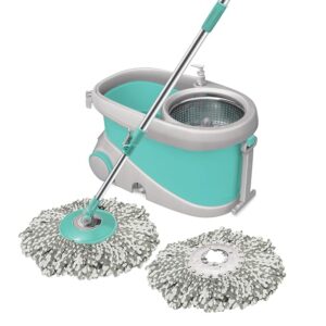 Spotzero by Milton Prime Spin Mop with Big Wheels and Stainless Steel Wringer, Bucket Floor Cleaning and Mopping System, 2 Microfiber Refills, Aqua Green